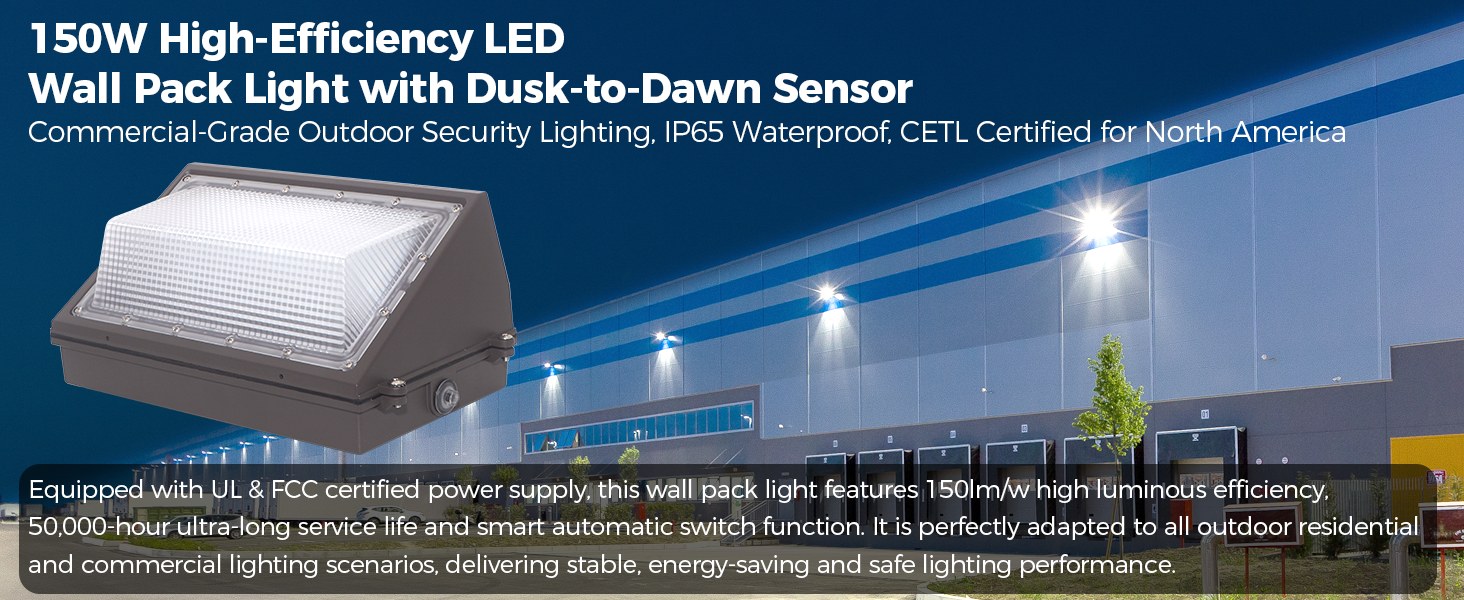 150W high-efficiency LED wall pack lighting a commercial building at dusk
