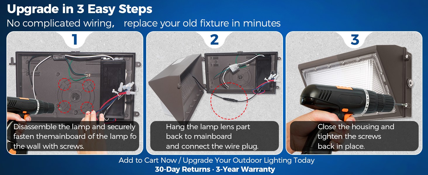 Three-step installation guide for the wall pack light